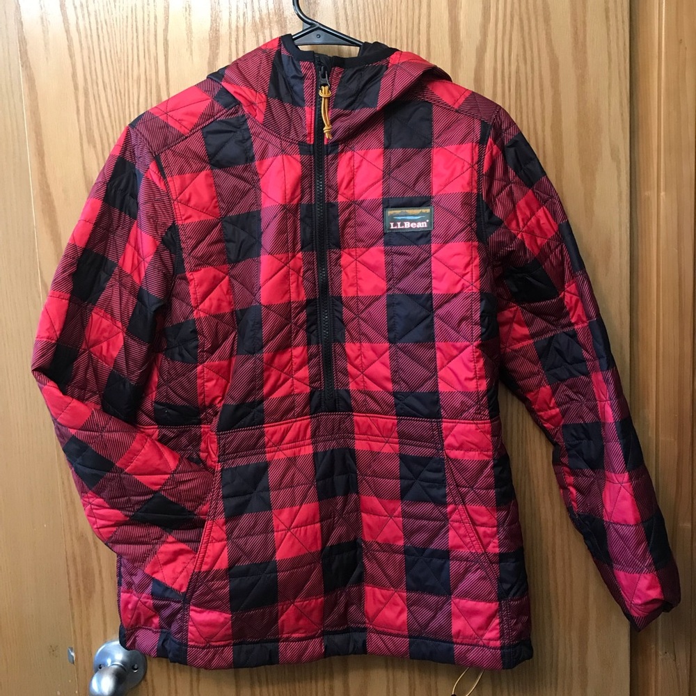 LL Bean Buffalo Plaid Anorak Pullover Jacket Hood